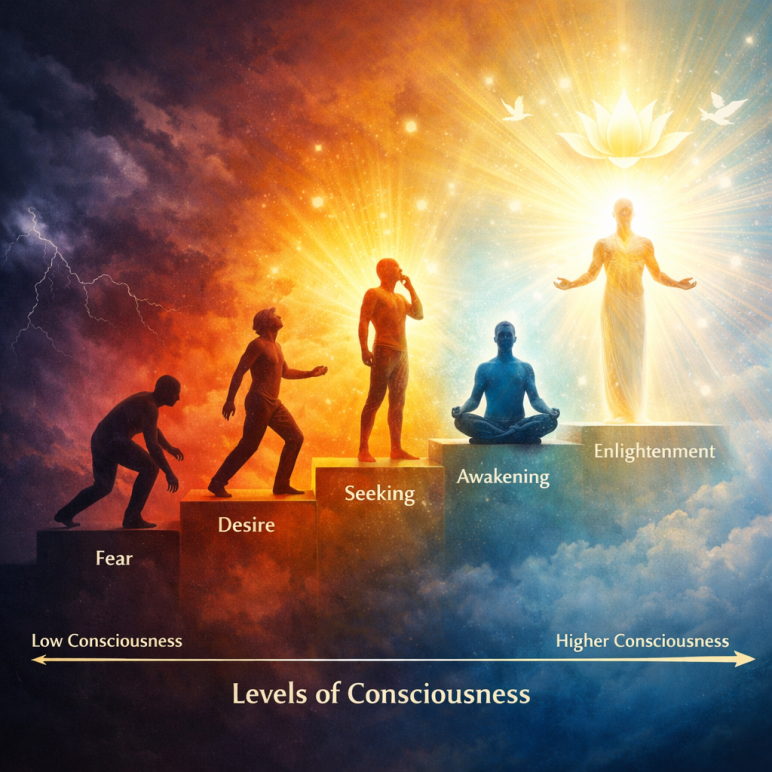 Illustration of five human figures ascending steps labeled Fear, Desire, Seeking, Awakening, and Enlightenment, showing increasing consciousness.
