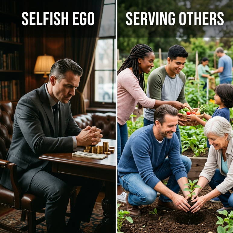Left side shows a man in a suit counting money alone, right side shows diverse people gardening and sharing produce